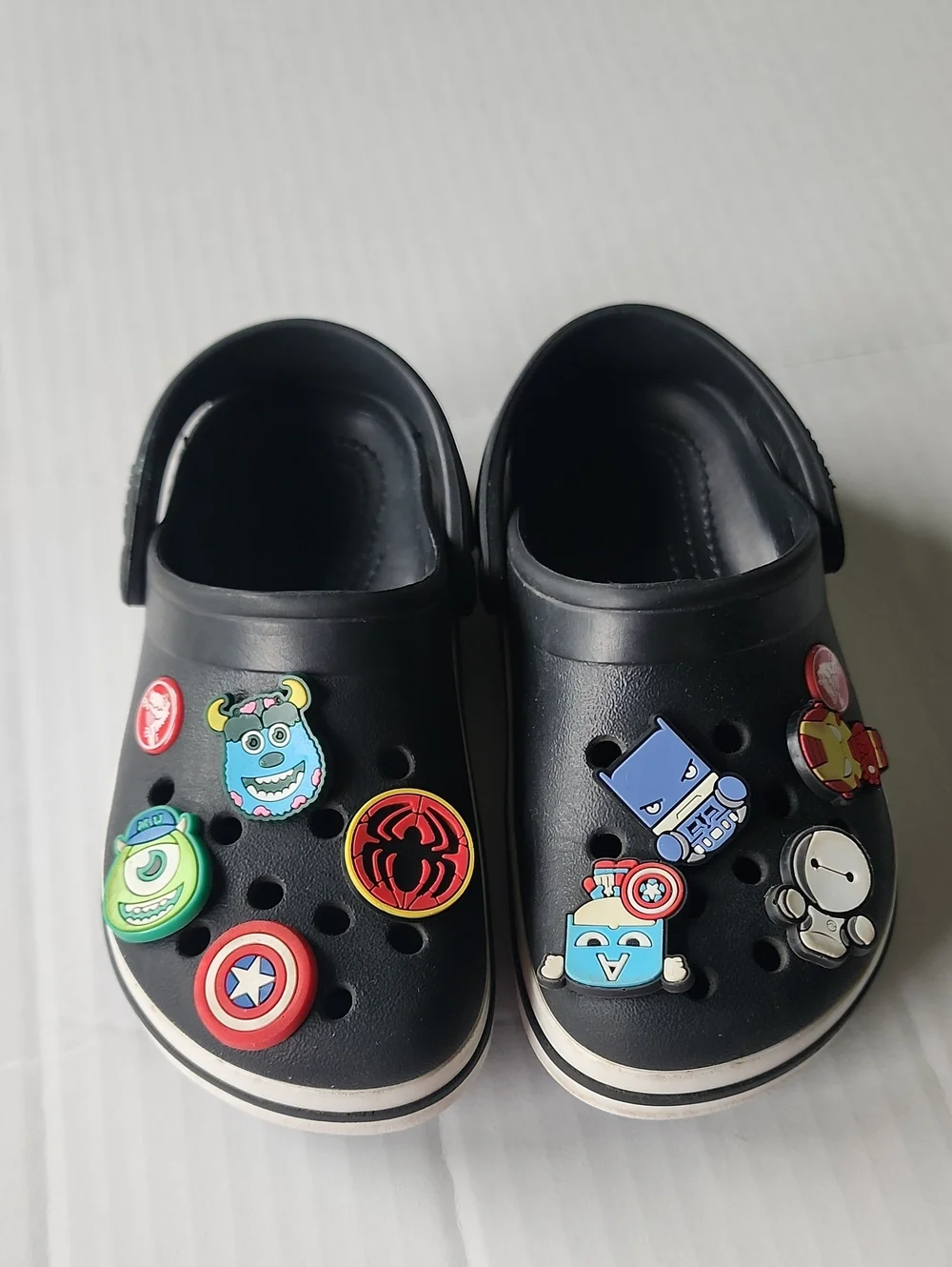Crocs Kids Black Clog Shoes with Superhero Charms/Jibbitz